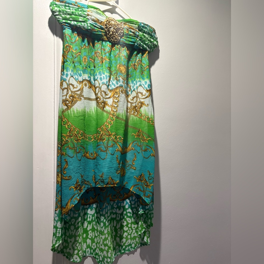 bebe Green and Blue Strapless Dress